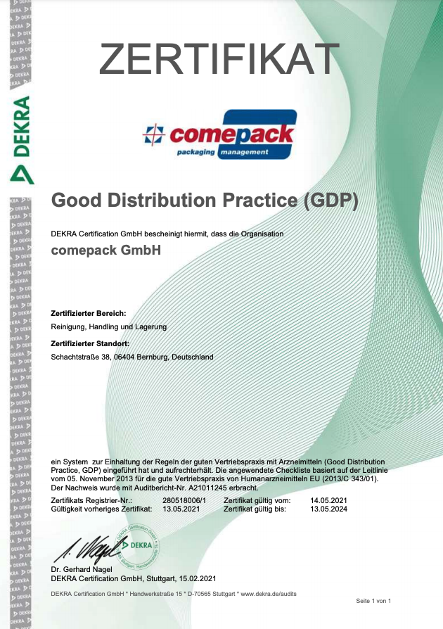 Con el certificado de Good Distribution Practice, puede estar seguro de que comepack también está cualificado para las necesidades individuales de la gestión de embalajes en el sector sanitario